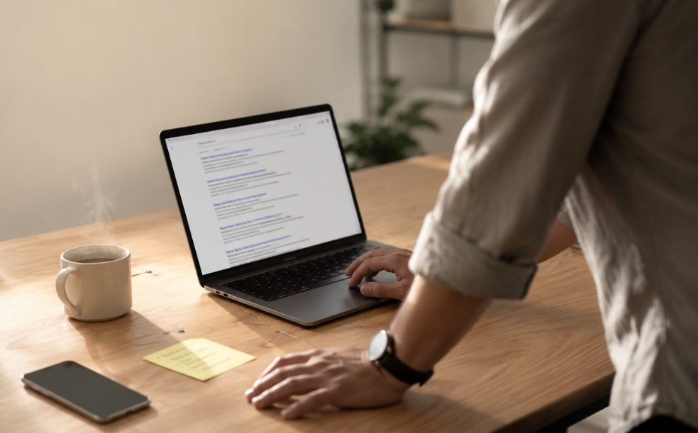 Pessoa de pé apoiada na mesa conferindo uma página de resultados de busca no notebook para identificar problema de SEO no site