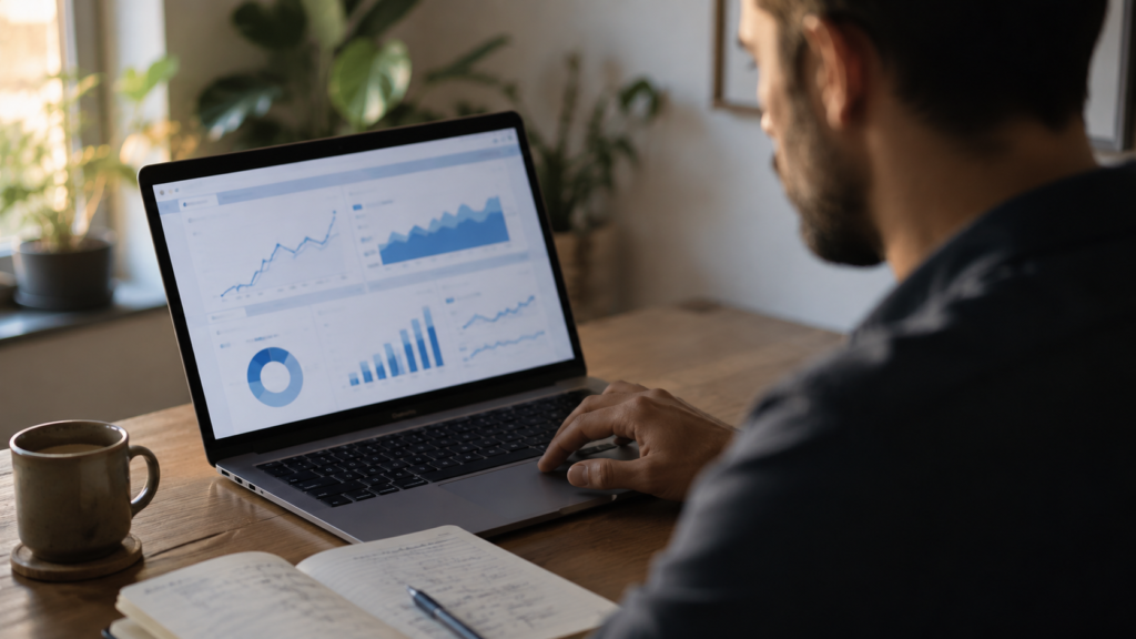 Profissional analisando o relatório de desempenho de um site no notebook durante uma auditoria de SEO