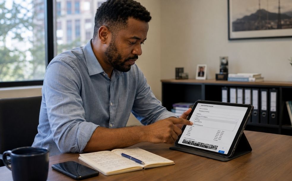 Homem em um escritório editando o perfil da empresa em um tablet, ilustrando como otimizar o Google Business Profile