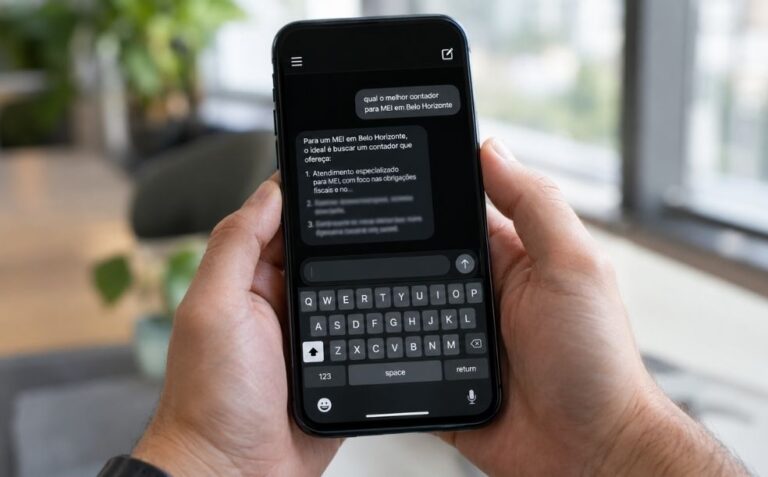 Mãos segurando um celular com uma pergunta feita a um assistente de IA na tela, ilustrando o que é GEO